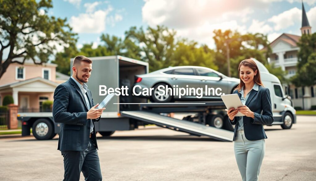 A sleek, modern car carrier truck parked under a bright Louisiana sky, showcasing a glossy vehicle being loaded, with the scenery of Alexandria visible in the background. In the foreground, a friendly customer service representative in professional attire holds a tablet, smiling and discussing shipping options. The middle ground emphasizes the truck’s well-organized ramp and the gleaming car, while lush greenery and classic Louisiana architecture create a warm and inviting atmosphere. Soft, natural lighting enhances the scene, creating a professional but approachable mood. The brand "Best Car Shipping Inc" is subtly integrated into the design of the truck, without any text overlays or distractions, emphasizing the reliability and efficiency of car shipping services.