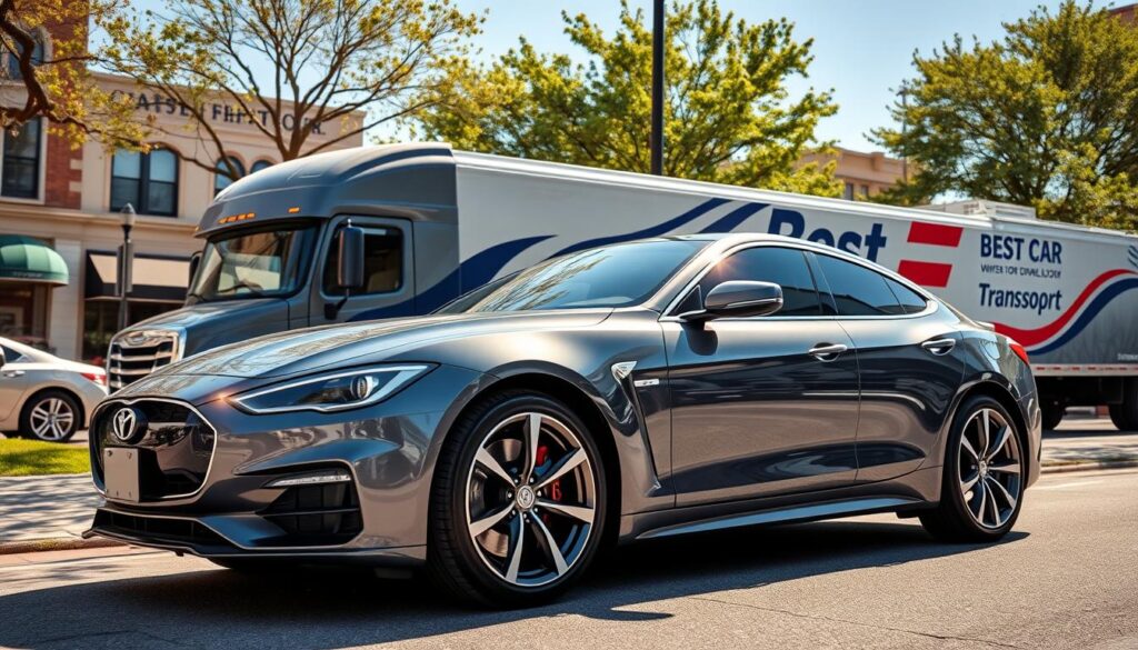 A sleek, modern car parked in front of a transport truck featuring the logo "Best Car Shipping Inc." in an urban setting in Owensboro, Kentucky. In the foreground, the shiny car is highlighted with sunlight glinting off its surface, showcasing its vibrant color and sleek design. The middle ground includes the transport truck with visible branding, ready for auto transport, parked near a busy street that reflects the city's character. The background features charming Owensboro architecture, with trees lining the street and a clear blue sky overhead, creating a bright, inviting atmosphere. The image conveys a sense of professionalism and reliability in car shipping services. The composition is shot with a wide-angle perspective to capture the essence of the location and service.