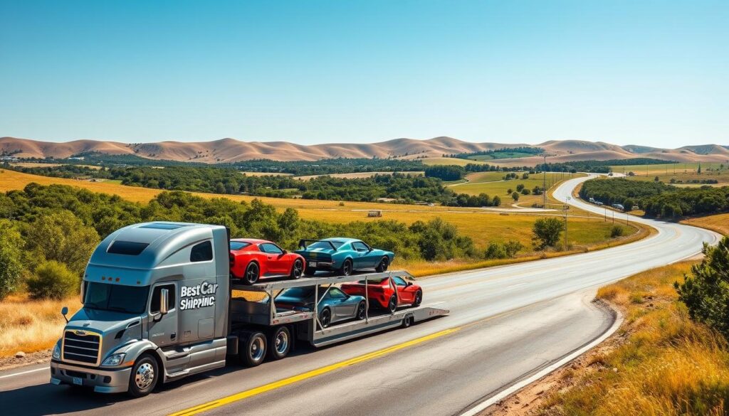 A sleek, modern car transport truck emblazoned with the logo of "Best Car Shipping Inc" positioned in the foreground, showcasing a variety of classic cars carefully loaded on its trailer. In the middle ground, a scenic view of Bastrop, Louisiana, with lush greenery and open roads typical of the region. The background features soft, rolling hills under a clear blue sky, conveying a sunny day. The lighting is bright and warm, suggesting midday sun, with gentle shadows enhancing the depth of the scene. Capture the mood of professionalism and care in vehicle transport, evoking a sense of reliability and trust. The image should be crisp and well-composed, utilizing a standard lens for a natural perspective. A sleek, modern car transport truck emblazoned with the logo of "Best Car Shipping Inc" positioned in the foreground, showcasing a variety of classic cars carefully loaded on its trailer. In the middle ground, a scenic view of Bastrop, Louisiana, with lush greenery and open roads typical of the region. The background features soft, rolling hills under a clear blue sky, conveying a sunny day. The lighting is bright and warm, suggesting midday sun, with gentle shadows enhancing the depth of the scene. Capture the mood of professionalism and care in vehicle transport, evoking a sense of reliability and trust. The image should be crisp and well-composed, utilizing a standard lens for a natural perspective.