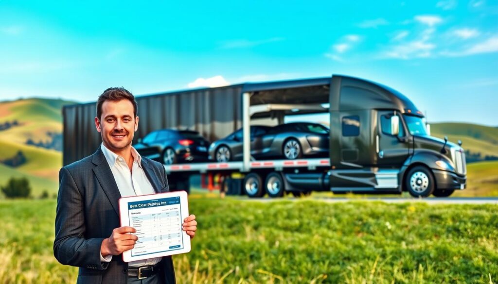 A sleek, modern car transport truck parked against a vibrant backdrop of Williamstown, Kentucky's rolling hills. In the foreground, a professional-looking person in business attire stands with a tablet in hand, showcasing a fast auto transport quote, with a sense of urgency and focus on their face. The middle ground features the truck loaded with shiny vehicles ready for shipping, emphasizing efficiency and reliability. The background captures a clear blue sky and lush greenery, reflecting a calm and trustworthy atmosphere. Soft, natural lighting highlights the scene, enhancing the professionalism of the setting. Prominently displayed on the truck's side is the brand name "Best Car Shipping Inc," underscoring the theme of transparent pricing and fast service.