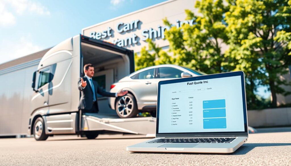A sleek, modern car transport truck parked in front of a stylish office building with a sign reading "Best Car Shipping Inc". In the foreground, a professional-looking person, dressed in business attire, is gesturing towards a laptop displaying a fast quote interface. The middle layer depicts a well-maintained vehicle being loaded onto the truck with care, while the background showcases a clear blue sky and green trees indicative of Lexington, Kentucky. Soft, natural lighting bathes the scene, emphasizing a mood of efficiency and professionalism. The image should be shot from a slight low angle, providing a dynamic perspective on the car transport process while keeping the focus on the fast quote concept. No text or branding should be visible outside the designated company sign.
