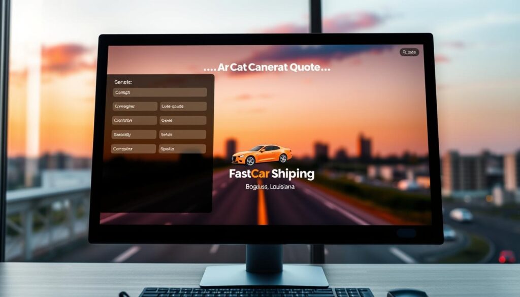 A sleek, modern digital interface displaying a fast car shipping quote. In the foreground, a computer screen shows a user-friendly quote generator form with fields highlighted in vibrant colors, inviting interaction. The middle section features a stylized car icon, cruising effortlessly to symbolize speed and efficiency, alongside the brand name "Best Car Shipping Inc" prominently presented. In the background, a soft-focus cityscape of Bogalusa, Louisiana, captures a warm sunset with orange and pink hues, creating an inviting atmosphere. The lighting is bright and cheerful, emphasizing professionalism and reliability. The overall mood suggests ease and speed in obtaining a car shipping quote without personal information, focusing on a seamless user experience.