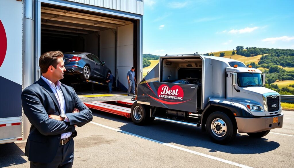 A sleek, modern pickup truck with a vibrant logo of "Best Car Shipping Inc" prominently displayed on the side, parked at a busy loading dock in Leitchfield, Kentucky. In the foreground, a professional-looking delivery driver in business attire confidently oversees the loading of a vehicle onto a transport trailer. The middle ground features a well-organized loading area bustling with activity, showcasing another delivery truck and a handful of workers preparing vehicles for shipping. In the background, the picturesque Kentucky landscape can be seen, with rolling hills and trees under a clear blue sky, embodying a sunny day. Soft, natural lighting casts gentle shadows, enhancing the inviting atmosphere of reliability and professionalism in auto transport services.