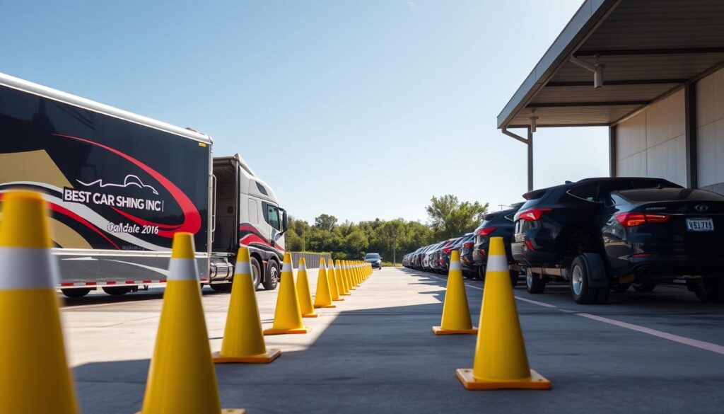A sleek, modern transport truck from "Best Car Shipping Inc" is parked in a secure loading area, showcasing its spacious trailer designed for vehicle shipping. In the foreground, vibrant yellow caution cones line the pathway, emphasizing a safe and organized loading zone. The middle ground features several vehicles of various colors and models, neatly lined up for shipping, highlighting the diversity of auto transport services offered. In the background, a clear blue sky contrasts with the greenery of Oakdale, Louisiana, creating a serene atmosphere. The scene is illuminated by soft, natural sunlight, casting gentle shadows and adding depth. The perspective is slightly elevated, capturing the overall layout of the vehicle shipping operation, conveying professionalism and efficiency in the auto transport industry.