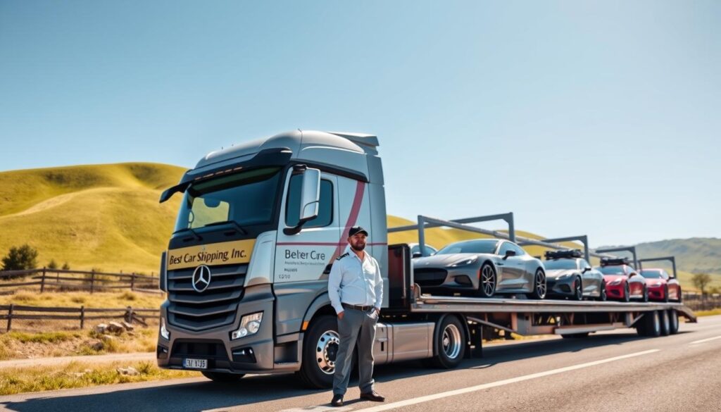 A sleek, professional vehicle transport scene showcasing a modern car carrier truck loaded with various cars, prominently featuring a brand name "Best Car Shipping Inc" on the side. In the foreground, a well-dressed driver stands confidently next to the truck, wearing a clean uniform with a cap. The middle ground reveals the car carrier, with vivid colors of the parked vehicles glinting in the sunlight. Lush greenery and rolling hills of Vine Grove, Kentucky, form a picturesque background, with a clear blue sky overhead creating a positive, trustworthy atmosphere. The lighting is bright and natural, perfect for emphasizing the professionalism of the transport service. Shot from a low angle to create an impressive perspective that instills confidence in potential customers.