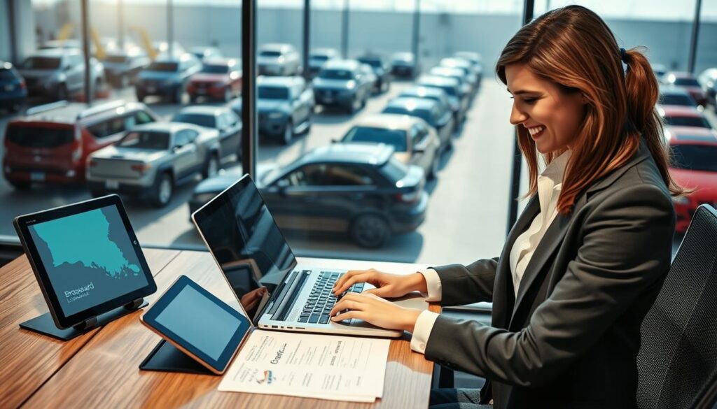 A streamline, modern office environment dedicated to car shipping logistics. In the foreground, a professional, friendly female agent in business attire is efficiently working on a sleek laptop, filling out a fast quote for vehicle transport. The middle ground features an organized desk with shipping documents, a small model car, and a digital tablet displaying the state of Broussard, Louisiana. The background shows a large window with bright daylight streaming in, revealing a busy car transport yard filled with vehicles ready for shipping. The atmosphere is upbeat and industrious, highlighting speed and reliability in car transport services. Include the brand name "Best Car Shipping Inc" prominently on the agent's laptop screen, capturing the essence of fast and reliable quotes in auto transport. A streamline, modern office environment dedicated to car shipping logistics. In the foreground, a professional, friendly female agent in business attire is efficiently working on a sleek laptop, filling out a fast quote for vehicle transport. The middle ground features an organized desk with shipping documents, a small model car, and a digital tablet displaying the state of Broussard, Louisiana. The background shows a large window with bright daylight streaming in, revealing a busy car transport yard filled with vehicles ready for shipping. The atmosphere is upbeat and industrious, highlighting speed and reliability in car transport services. Include the brand name "Best Car Shipping Inc" prominently on the agent's laptop screen, capturing the essence of fast and reliable quotes in auto transport.