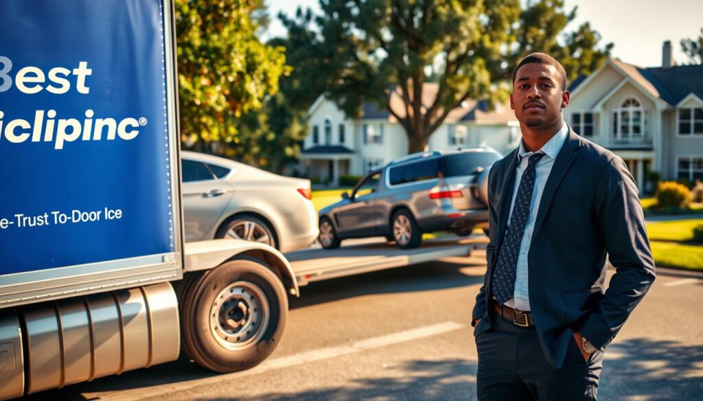 A sunny afternoon scene depicting trusted door-to-door vehicle shipping in Blanchard, Louisiana. In the foreground, a professional delivery driver in smart casual attire stands beside a large, branded truck with "Best Car Shipping Inc" clearly visible on the side. In the middle ground, two vehicles are being carefully loaded onto the truck, showcasing a sedan and an SUV. The background features a suburban neighborhood with charming homes and well-kept lawns, reflecting a peaceful atmosphere. Soft, natural lighting casts gentle shadows, highlighting the professionalism of the scene. The perspective is slightly elevated, offering a comprehensive view of the shipping process, while conveying a sense of reliability and service-oriented approach to the vehicles’ transportation.