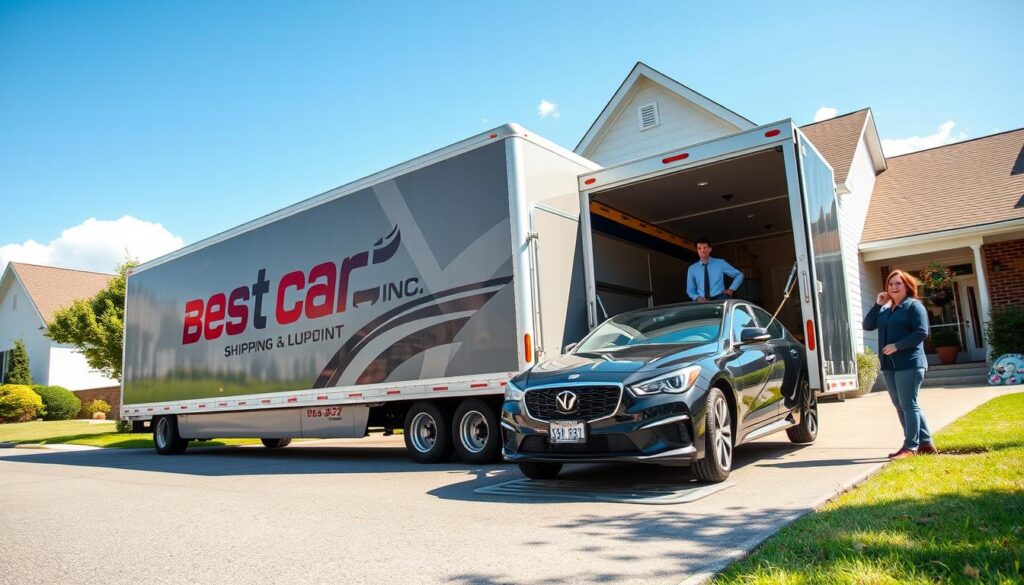 A sunny day in Campbellsville, Kentucky, features a professional setting for door-to-door vehicle transport. In the foreground, a sleek, modern transport truck bearing the logo of "Best Car Shipping Inc" is parked outside a charming residential home, ready to load a shiny sedan. The driver, dressed in professional attire, is seen engaging with a client, who stands nearby looking satisfied. In the middle ground, lush greenery and a well-maintained driveway create a welcoming atmosphere. The background includes a clear blue sky with a few fluffy clouds, enhancing the sense of a pleasant day. The lighting is bright and inviting, casting soft shadows. The angle is slightly elevated, capturing both the transport truck and the friendly interaction between the driver and the client. The overall mood conveys reliability and professionalism in auto transport services.