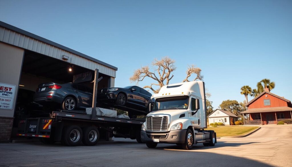 A sunny day in Thibodaux, Louisiana, featuring a modern delivery truck from "Best Car Shipping Inc" prominently in the foreground, transporting an array of vehicles, including sedans and SUVs. The truck is parked next to a small warehouse with a well-maintained logo and a friendly, professional driver in business casual attire. In the middle ground, a graceful Louisiana landscape with traditional oak trees and rustic buildings reflects the local charm. The background showcases a clear blue sky, hinting at a reliable and efficient service. Soft, natural lighting enhances the scene, creating a welcoming atmosphere of trust and professionalism. The composition is captured from a low angle, emphasizing the truck and its commitment to quality auto transport in the region. A sunny day in Thibodaux, Louisiana, featuring a modern delivery truck from "Best Car Shipping Inc" prominently in the foreground, transporting an array of vehicles, including sedans and SUVs. The truck is parked next to a small warehouse with a well-maintained logo and a friendly, professional driver in business casual attire. In the middle ground, a graceful Louisiana landscape with traditional oak trees and rustic buildings reflects the local charm. The background showcases a clear blue sky, hinting at a reliable and efficient service. Soft, natural lighting enhances the scene, creating a welcoming atmosphere of trust and professionalism. The composition is captured from a low angle, emphasizing the truck and its commitment to quality auto transport in the region.