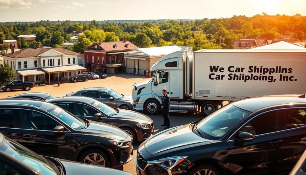 A sunny, inviting view of the Natchitoches, LA landscape featuring a bustling car shipping yard. In the foreground, sleek cars await transport, with a professional shipping staff in business attire inspecting the vehicles. The middle ground highlights a prominent, well-branded truck with "Best Car Shipping Inc" displayed clearly on the side, symbolizing reliability in local car transport. In the background, the picturesque landscape of Natchitoches—historic buildings and lush greenery—sets a warm atmosphere. Soft sunlight bathes the scene, casting gentle shadows and creating a sense of trust and professionalism. Capture this vibrant, active location from a slightly elevated angle to provide a comprehensive view of the shipping yard and surroundings, emphasizing community and dependability in car shipping services.