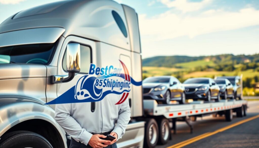 A trusted auto transport service in Franklin, Kentucky, featuring a sleek, professional truck with the brand name "Best Car Shipping Inc." illustrated prominently on its side. In the foreground, a smiling professional driver in business attire stands next to the truck, showcasing a sense of reliability and service. The middle ground depicts several well-secured vehicles on the transport truck's trailer, highlighting the efficiency and safety of the shipping process. In the background, scenic views of Franklin's landscape, including lush greenery and a clear blue sky, create an inviting atmosphere. The warm, natural lighting casts subtle shadows, enhancing the feeling of trust and professionalism. Capture this scene from a slightly elevated angle to emphasize the transport vehicle and its surroundings, evoking a sense of dependable service in auto transport.