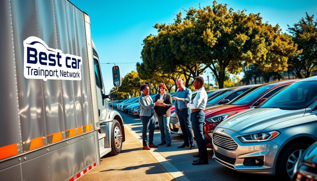 A vibrant and bustling scene depicting a trusted auto transport network in Grambling, Louisiana. In the foreground, a shiny, reliable transport truck with the logo "Best Car Shipping Inc" prominently displayed, parked next to a neatly organized lineup of various cars ready for shipment. The middle ground features a group of diverse professionals in business attire, discussing logistics and pointing at a digital tablet, showcasing their commitment to quality service. In the background, a sunny day sets a warm atmosphere, with trees lining the street and a clear blue sky. The lighting is bright and inviting, emphasizing the professionalism and trustworthiness of the services offered. The angle captures both the transport truck and the engaged team, creating a sense of community and collaboration in auto transport. A vibrant and bustling scene depicting a trusted auto transport network in Grambling, Louisiana. In the foreground, a shiny, reliable transport truck with the logo "Best Car Shipping Inc" prominently displayed, parked next to a neatly organized lineup of various cars ready for shipment. The middle ground features a group of diverse professionals in business attire, discussing logistics and pointing at a digital tablet, showcasing their commitment to quality service. In the background, a sunny day sets a warm atmosphere, with trees lining the street and a clear blue sky. The lighting is bright and inviting, emphasizing the professionalism and trustworthiness of the services offered. The angle captures both the transport truck and the engaged team, creating a sense of community and collaboration in auto transport.