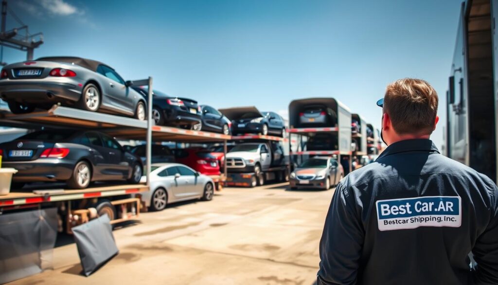 A vibrant and busy car shipping network scene depicting various vehicles being loaded onto multi-level transport trucks at a facility in Livermore, Kentucky. In the foreground, a professional worker in a branded uniform from "Best Car Shipping Inc" oversees the operation, ensuring safety and efficiency. The middle ground shows several transport trucks, some filled with compact cars and others waiting to be loaded, with a mix of colors and models. In the background, a clear blue sky casts bright natural light over the entire scene, creating an optimistic atmosphere. The angle captures the bustling activity while emphasizing the reliability and professionalism of the car shipping industry. The overall mood conveys trust and efficiency, encapsulating the essence of auto transport in a busy logistics hub.