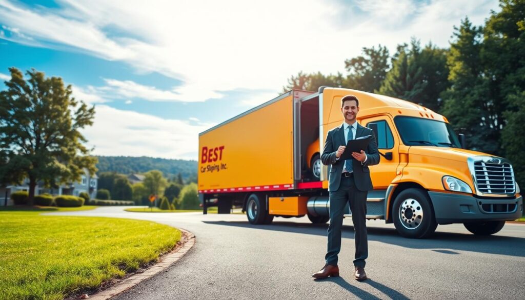 A vibrant and engaging image of a trusted auto shipping service in Maysville, Kentucky. In the foreground, a brightly colored car carrier truck prominently displays the logo "Best Car Shipping Inc" on its side, parked beside a well-maintained driveway. In the middle ground, a professional courier in business attire stands confidently beside the truck, checking a clipboard with a satisfied expression, symbolizing reliability and trust. The background features scenic elements of Maysville, including lush greenery and a blue sky with soft, diffused sunlight illuminating the scene. Capture the mood of safety and timeliness in auto transport, with an angle that showcases both the truck and the surrounding landscape in a balanced composition.