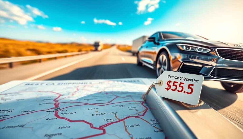 A vibrant and informative scene illustrating the concept of car shipping costs based on distance. In the foreground, a detailed close-up of a sleek, modern car with a tag displaying "Best Car Shipping Inc" on it, resting on a scale with varying price tags that represent different distances. The middle ground features a map with marked routes, showing cities and distances. In the background, a transport truck is seen driving along a highway under a bright blue sky, symbolizing the shipping process. Soft, natural lighting highlights the car's details, while a wide-angle lens captures the expansive landscape, creating a sense of movement and transport. The overall atmosphere is professional, clear, and engaging, suitable for educational purposes.