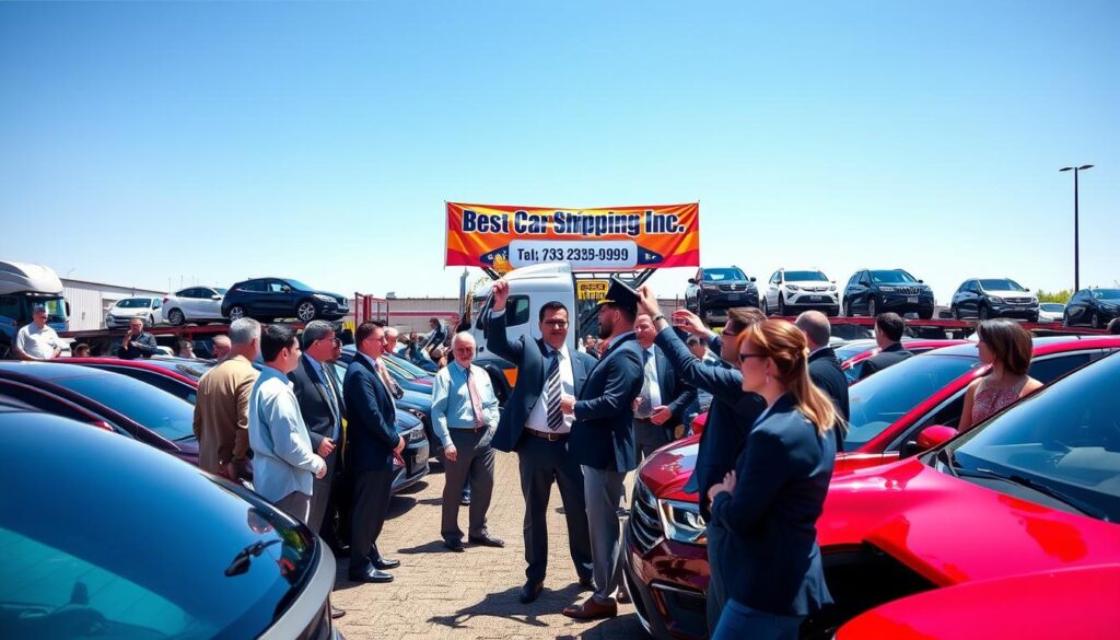 A vibrant car shipping auction scene featuring an outdoor auction yard during the day. In the foreground, a diverse group of professional individuals, including buyers, dealers, and business representatives, are inspecting a row of gleaming cars ready for transport. They are dressed in smart business attire, actively discussing bids with enthusiasm. In the middle ground, an auctioneer with a gavel raises his hand, surrounded by a colorful banner displaying "Best Car Shipping Inc" prominently. The background showcases a large transport shipping truck and vehicles on it, providing a sense of scale. Bright, natural sunlight bathes the scene, creating a positive and dynamic atmosphere, captured with a slight wide-angle lens to emphasize the bustling environment.