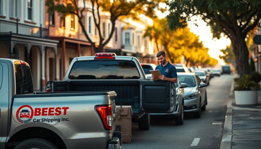 A vibrant city street in Eunice, Louisiana, showcasing a sleek, modern pickup truck emblazoned with the logo of "Best Car Shipping Inc." parked in the foreground. In the middle ground, a friendly delivery driver in a professional polo shirt checks a delivery list while standing next to the open truck bed, which is filled with safely secured cars ready for shipping. The background features charming Louisiana architecture, with trees lining the street bathed in warm, golden afternoon light. The shot is taken from a slightly elevated angle to capture the scene's depth, conveying a sense of trust and professionalism in the car shipping industry. The atmosphere is busy yet organized, reflecting efficiency and reliability in auto transport services.