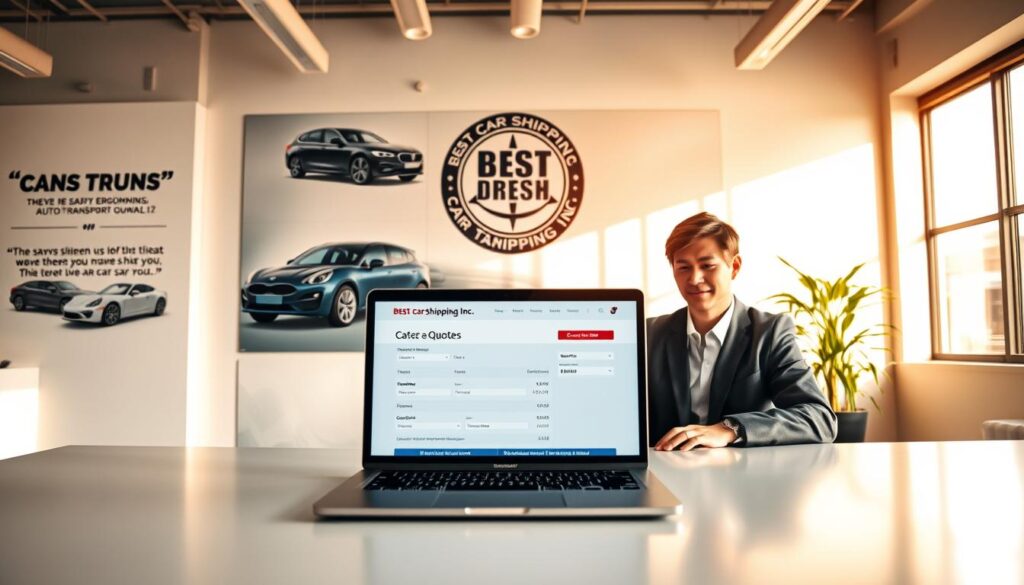 A vibrant, modern office space focused on auto transport quotes in Warsaw, Kentucky. In the foreground, a professional business person in a smart outfit is sitting at a sleek desk with a laptop open, displaying a clear auto transport quote interface. The middle layer features an elegant backdrop of car graphics, showcasing various vehicle types, blending seamlessly with the office environment. In the background, large windows let in warm, natural light, illuminating the scene and creating a professional yet welcoming atmosphere. The walls are decorated with motivational car shipping quotes and an emblem of "Best Car Shipping Inc." prominently displayed. The camera angle is slightly angled down, emphasizing the desk and the person while capturing the whole setting. The mood is efficient and focused. A vibrant, modern office space focused on auto transport quotes in Warsaw, Kentucky. In the foreground, a professional business person in a smart outfit is sitting at a sleek desk with a laptop open, displaying a clear auto transport quote interface. The middle layer features an elegant backdrop of car graphics, showcasing various vehicle types, blending seamlessly with the office environment. In the background, large windows let in warm, natural light, illuminating the scene and creating a professional yet welcoming atmosphere. The walls are decorated with motivational car shipping quotes and an emblem of "Best Car Shipping Inc." prominently displayed. The camera angle is slightly angled down, emphasizing the desk and the person while capturing the whole setting. The mood is efficient and focused.