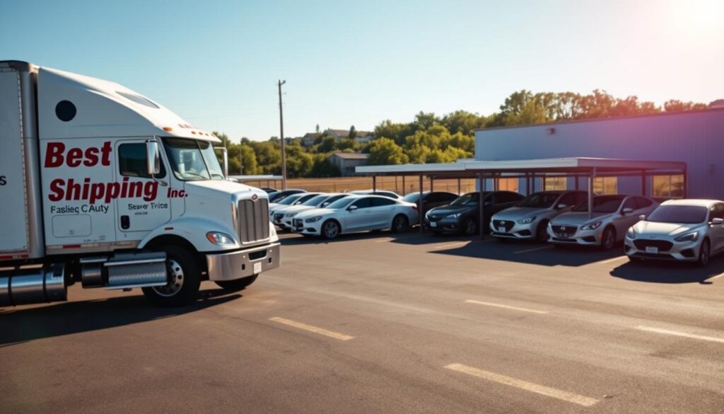 A vibrant, professional car shipping service scene in Beaver Dam, Kentucky. In the foreground, a well-maintained transport truck labeled "Best Car Shipping Inc," showcasing reliable auto services. The middle ground features a clean, organized auto service yard with vehicles ready for transport, including sedans and SUVs, gleaming under warm sunlight. In the background, a skyline of Beaver Dam with clear blue skies and green trees creates a welcoming atmosphere. The lighting is bright and daylight, enhancing the colors and conveying trust and reliability. The mood is professional and friendly, emphasizing a sense of community and dependability in auto services. The entire scene embodies the essence of trusted auto shipping services.