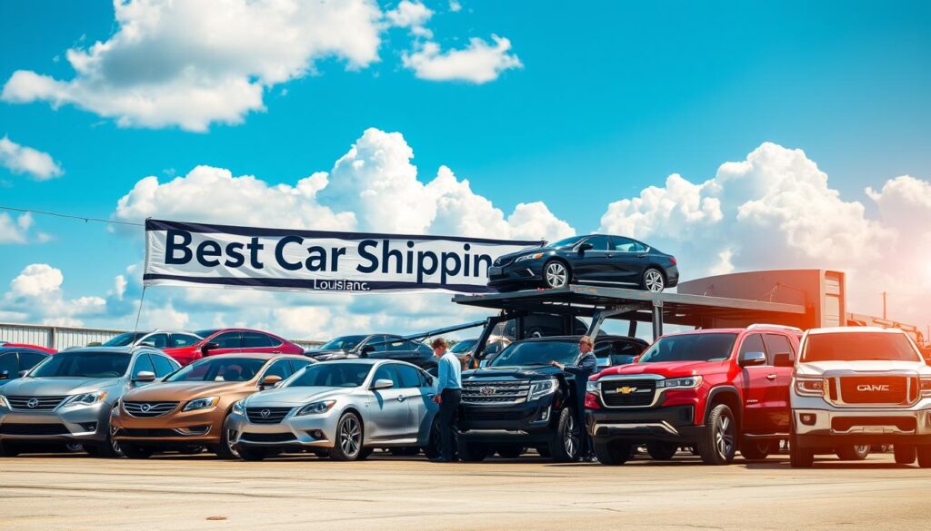 A vibrant scene capturing a bustling car shipping yard in Springhill, Louisiana. In the foreground, a row of diverse vehicles including sedans, trucks, and SUVs ready for transport, with a large banner displaying "Best Car Shipping Inc" across the top. The middle ground features professional workers in business attire, efficiently loading cars onto a car carrier, showcasing teamwork and expertise. The background displays a blue sky with fluffy white clouds, creating a bright and cheerful atmosphere. The lighting is warm and inviting, reflecting the Louisiana sun. The scene is captured from a slightly elevated angle, providing a comprehensive view of the shipping operations, emphasizing the importance of reliable auto transport services.