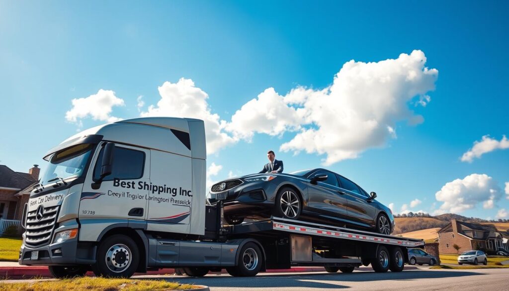 A vibrant scene capturing the essence of "pickup delivery" in the context of car shipping. In the foreground, a well-maintained car carrier truck emblazoned with the brand name "Best Car Shipping Inc" is parked beside a residential area in Lexington, Kentucky. The middle layer portrays a professional driver in smart business attire, efficiently loading a sleek sedan onto the transport trailer, emphasizing care and attention to detail. The background showcases a clear blue sky with soft, fluffy clouds, alongside picturesque Kentucky hills. Natural sunlight bathes the scene, creating a warm, inviting atmosphere that conveys trust and reliability. The angle is dynamic, capturing both the action of loading the vehicle and the scenic beauty of the Lexington landscape.