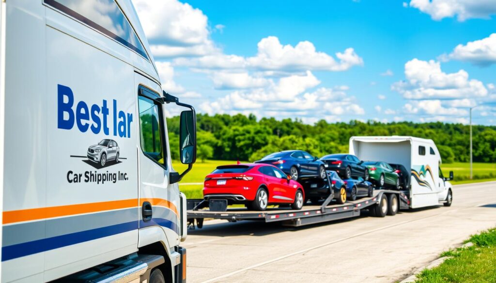 A vibrant scene depicting a car shipping facility in Coushatta, Louisiana, showcasing a modern transport truck loaded with vehicles ready for shipping. In the foreground, a well-maintained truck with the logo "Best Car Shipping Inc" clearly visible on its side, emphasizing professionalism. In the middle ground, several cars in various colors are lined up on the transport truck, highlighting the efficient car transport service. The background features lush green landscapes typical of Louisiana, with a clear blue sky and fluffy white clouds, creating a bright and inviting atmosphere. Soft, natural lighting enhances the colors of the vehicles and surroundings, while a slight angle captures the depth of the scene, evoking a sense of trust and reliability in car transport services.