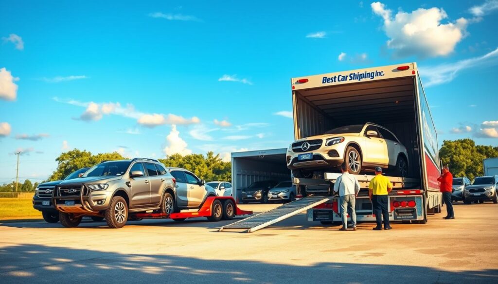 A vibrant scene depicting a car shipping facility in Reeves, Louisiana. In the foreground, showcase several new vehicles being loaded onto a large car transport truck branded with "Best Car Shipping Inc". Workers in professional attire supervise the loading process, ensuring everything is handled with care. The middle ground highlights a well-organized shipping yard filled with additional vehicles ready for transport, surrounded by lush greenery typical of Louisiana. In the background, capture a clear blue sky with soft clouds, giving a sense of calm and reliability. The scene is bathed in warm sunlight, casting gentle shadows that enhance the atmosphere of professionalism and trustworthiness in the car shipping industry. Use a slightly elevated angle for a comprehensive view of the entire operation.