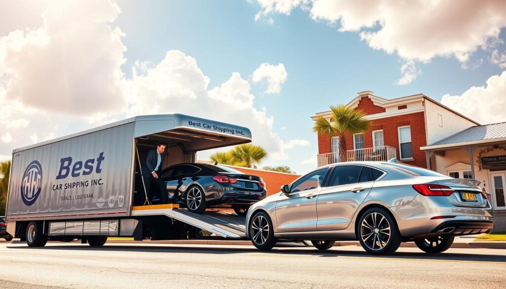 A vibrant scene depicting a local auto transport service in Basile, Louisiana, featuring a shiny, modern car carrier truck from "Best Car Shipping Inc" parked on a sunlit street. In the foreground, the truck is unloading a sleek sedan, with a professional driver in business attire managing the process. The middle ground showcases a few classic Louisiana buildings, emphasizing the local charm with details like brick facades and lush greenery. The background includes a clear blue sky with soft, fluffy clouds, adding an inviting atmosphere. The lighting is warm, creating a friendly and trustworthy vibe, as if inviting customers to rely on this dependable service. The angle is slightly elevated, allowing for a comprehensive view of the transport scene.