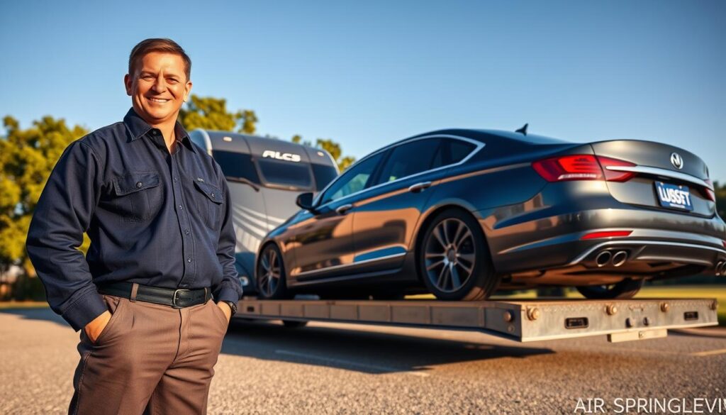 A vibrant scene depicting a professional car pickup and delivery service in Cut Off, Louisiana. In the foreground, a well-dressed delivery driver in a navy blue uniform stands beside a sleek, shiny sedan being loaded onto a transport truck. The driver is smiling and exuding confidence. In the middle ground, the truck is a modern vehicle branded with the logo "Best Car Shipping Inc", with clear details of the company's name displayed prominently. The background features picturesque Louisiana scenery, including lush green trees and a clear blue sky reflecting the warm afternoon sunlight, creating a calm, trustworthy atmosphere. The image is shot from a low angle, showcasing the connection between the driver, the car, and the truck, highlighting the professionalism and care of the service. The overall mood is one of reliability and trustworthiness in auto transport. A vibrant scene depicting a professional car pickup and delivery service in Cut Off, Louisiana. In the foreground, a well-dressed delivery driver in a navy blue uniform stands beside a sleek, shiny sedan being loaded onto a transport truck. The driver is smiling and exuding confidence. In the middle ground, the truck is a modern vehicle branded with the logo "Best Car Shipping Inc", with clear details of the company's name displayed prominently. The background features picturesque Louisiana scenery, including lush green trees and a clear blue sky reflecting the warm afternoon sunlight, creating a calm, trustworthy atmosphere. The image is shot from a low angle, showcasing the connection between the driver, the car, and the truck, highlighting the professionalism and care of the service. The overall mood is one of reliability and trustworthiness in auto transport.