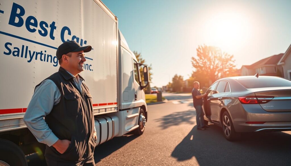 A vibrant scene depicting a professional car shipping service in Earlington, Kentucky, emphasizing a door-to-door pickup delivery concept. In the foreground, a friendly delivery driver wearing a smart uniform stands next to a clean, branded truck labeled "Best Car Shipping Inc". The driver is interacting with a customer who appears satisfied, both looking at a car being loaded onto the truck. In the middle ground, a suburban street lined with neat houses and trees offers a sense of community. The sun casts warm, inviting light on the scene, creating a pleasant atmosphere. In the background, a clear blue sky adds to the sense of reliability and professionalism. Use a wide-angle lens to capture the entire scene, emphasizing the interaction between the driver and the customer while ensuring a sense of motion in the car loading process. A vibrant scene depicting a professional car shipping service in Earlington, Kentucky, emphasizing a door-to-door pickup delivery concept. In the foreground, a friendly delivery driver wearing a smart uniform stands next to a clean, branded truck labeled "Best Car Shipping Inc". The driver is interacting with a customer who appears satisfied, both looking at a car being loaded onto the truck. In the middle ground, a suburban street lined with neat houses and trees offers a sense of community. The sun casts warm, inviting light on the scene, creating a pleasant atmosphere. In the background, a clear blue sky adds to the sense of reliability and professionalism. Use a wide-angle lens to capture the entire scene, emphasizing the interaction between the driver and the customer while ensuring a sense of motion in the car loading process.