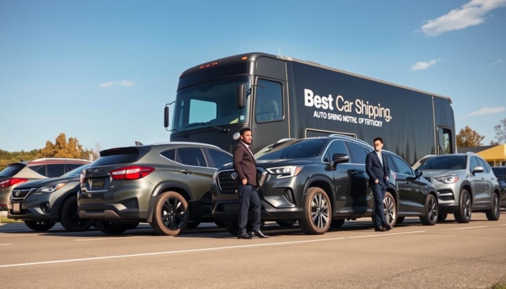 A vibrant scene depicting an auto transport service in action. In the foreground, a diverse group of professional auto transport workers in smart business attire prepares several cars for shipment, showcasing various makes and models, including SUVs and sedans. In the middle ground, a modern car carrier truck emblazoned with the brand name "Best Car Shipping Inc" is parked, ready to load vehicles. The background features a glimpse of the Oak Grove, Kentucky landscape, with trees and a clear blue sky. Soft sunlight illuminates the scene, casting gentle shadows and creating a sense of professionalism and reliability. The angle captures the workers' focused expressions, emphasizing the dedication of the team. The mood is upbeat and industrious, reflecting a trustworthy auto transport atmosphere.