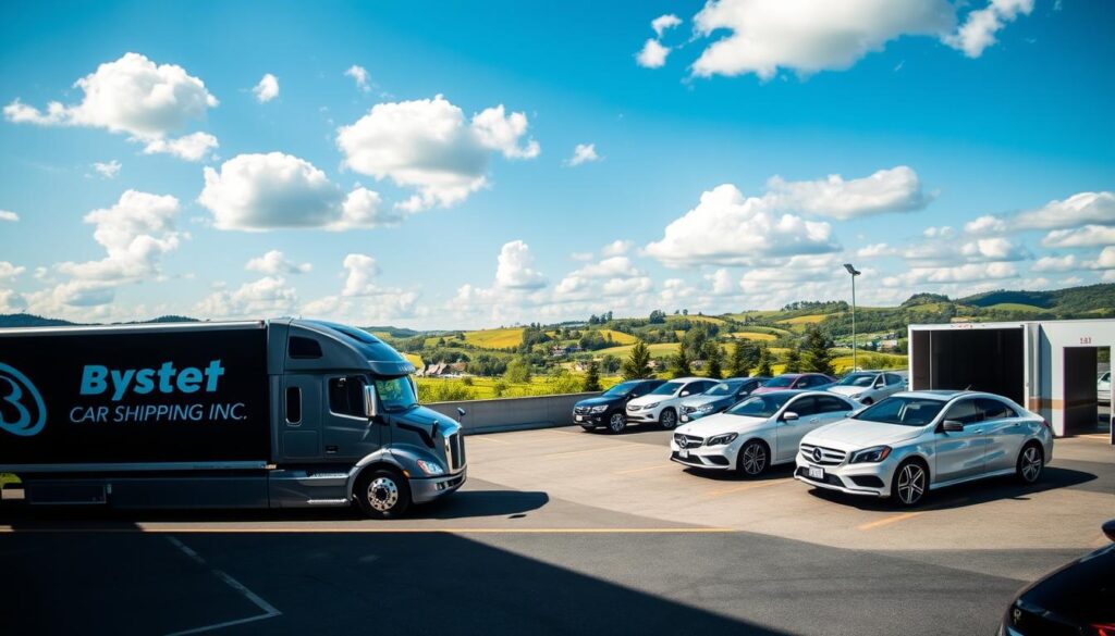 A vibrant scene depicting "auto transport 42256" within a bustling automotive hub in Lewisburg, Kentucky. In the foreground, showcase a sleek car transport truck branded with "Best Car Shipping Inc," parked and ready for loading. The middle ground features several sparkling vehicles awaiting shipment, each beautifully arranged. The background consists of a clear blue sky with fluffy white clouds and a glimpse of the quaint Lewisburg landscape—a mix of rolling hills and lush greenery. Soft, natural sunlight casts gentle shadows, enhancing the colors and details of the vehicles. The atmosphere conveys professionalism and reliability in car shipping, capturing the essence of logistics in the heart of Kentucky. The angle is slightly elevated, giving a comprehensive view of the scene without any text or distractions.