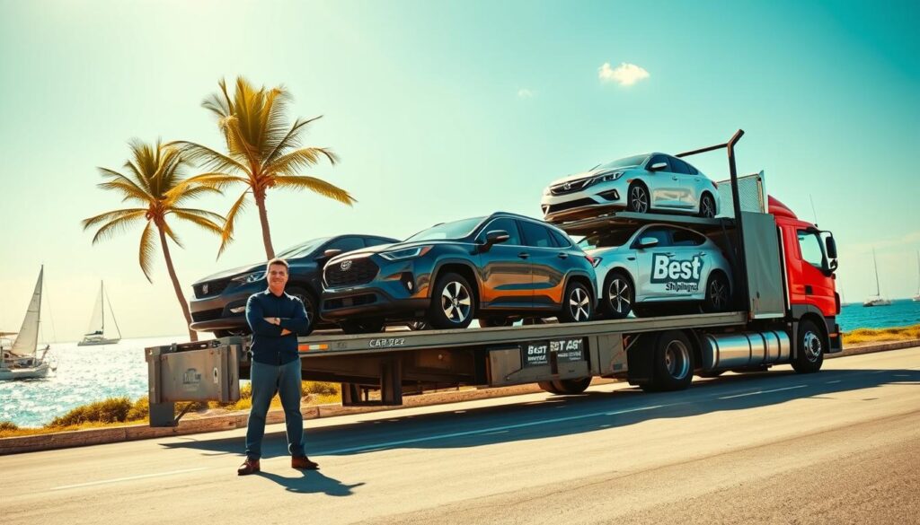 A vibrant scene depicting auto transport in Grand Isle, Louisiana, showcasing a large car carrier truck loaded with a variety of vehicles ready for shipping. In the foreground, a professional driver in business attire stands beside the truck, confidently inspecting the cargo. The middle ground features a sunny coastal landscape with palm trees swaying gently in the breeze and vehicles glistening under the sun. The background reveals the sparkling waters of the Gulf of Mexico with a few sailboats in the distance. The lighting is bright and cheerful, evoking a sense of reliability and professionalism. Ensure the logo of "Best Car Shipping Inc" is prominently displayed on the side of the truck. The overall atmosphere embodies trust and efficiency in car shipping services.