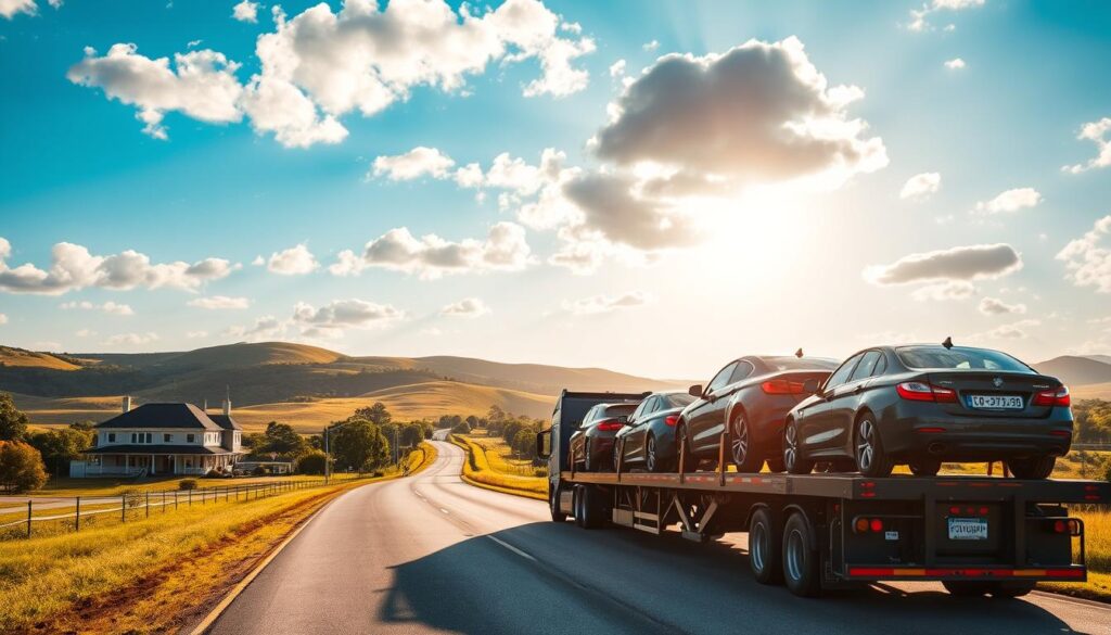 A vibrant scene depicting auto transport services, featuring a large, well-maintained car carrier truck from "Best Car Shipping Inc" in the foreground, showcasing several vehicles securely loaded and ready for transport. In the middle ground, a picturesque road lined with lush greenery and Southern architecture typical of Welsh, Louisiana can be seen, emphasizing a reliable and efficient route for car shipping. The background features soft, rolling hills under a bright blue sky with scattered clouds, creating a warm and inviting atmosphere. The scene is captured during golden hour lighting, producing soft shadows and a welcoming glow, with a slight tilt-angle to add dynamic perspective, conveying a sense of professionalism and reliability in auto transport services.