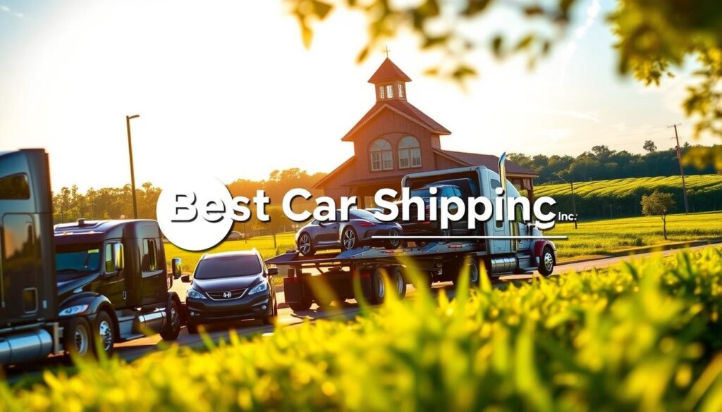 A vibrant scene depicting auto transport services in Kaplan, Louisiana, featuring a fleet of car transport trucks prominently in the foreground, showcasing sleek vehicles being loaded onto a modern car carrier. The middle ground highlights a local landmark, such as the historic Kaplan train depot, symbolizing the town's heritage. In the background, the lush green countryside of South Louisiana is visible, emphasizing the region's charm. The scene is bathed in warm afternoon sunlight, creating a relaxed, inviting atmosphere. The focus is sharp, with a slight depth of field effect to emphasize the transport trucks. A subtle overlay of the brand name "Best Car Shipping Inc" is integrated into the image, enhancing brand recognition without detracting from the visual. The overall mood conveys professionalism and reliability in auto transport services tailored for Louisiana drivers.