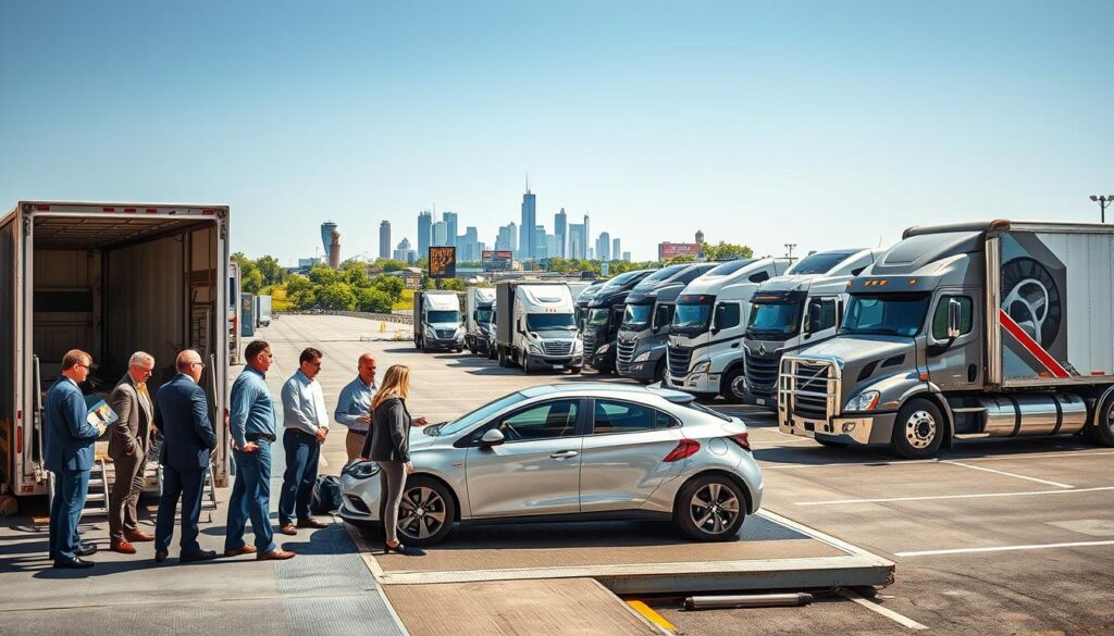A vibrant scene depicting car shipping and auto transport in Paducah, Kentucky. In the foreground, a diverse team of professionals in business attire inspects a shiny, newly delivered vehicle on a loading dock, showcasing the expertise of "Best Car Shipping Inc". The middle ground features a line of transport trucks lined up, with one truck loading cars for shipment, surrounded by efficient logistics operations. In the background, the iconic Paducah skyline is visible, blending urban and rural elements. The lighting is bright and clear, capturing the industrious atmosphere of the auto transport business. A wide-angle perspective enhances the sense of scale and activity, conveying a mood of reliability and professionalism in car shipping. No text or watermarks present.