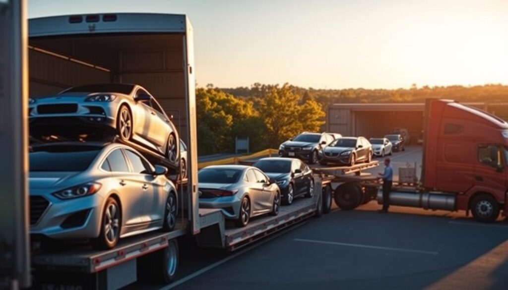 A vibrant scene depicting car shipping and auto transport in Patterson, Louisiana. In the foreground, a sleek transport truck with an open car carrier showcases a variety of vehicles, including sedans and SUVs, ready for shipment. The middle ground features a well-organized auto transport terminal with staff in professional attire coordinating the logistics. In the background, the Louisiana landscape is visible, characterized by leafy trees and a clear blue sky, reflecting the region's charm. Soft morning light bathes the scene, creating a warm and inviting atmosphere. The image prominently displays the brand name "Best Car Shipping Inc" on the transport truck, emphasizing reliability and professionalism in the auto transport industry.
