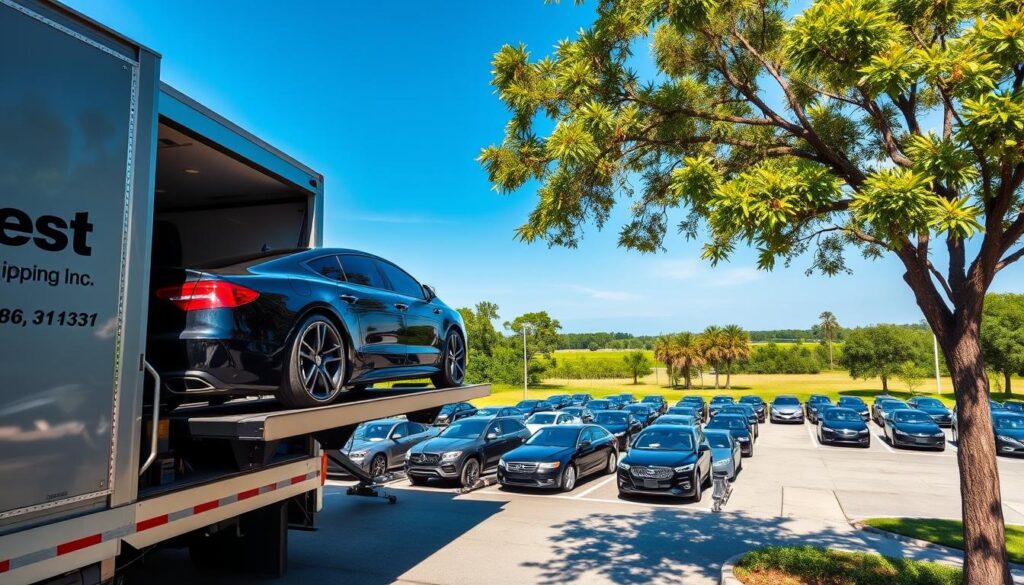 A vibrant scene depicting car shipping in DeRidder, Louisiana. In the foreground, a sleek black car is loaded onto a modern transport truck, showcasing the expertise of "Best Car Shipping Inc." The truck is shiny, with the company logo visible. In the middle ground, several cars are organized in rows, waiting to be transported in a well-maintained lot under clear blue skies. The background features lush green trees and a typical Southern Louisiana landscape. The lighting is bright and sunny, casting soft shadows. The atmosphere conveys professionalism and reliability in auto transport. Use a wide-angle lens to capture the full scope of the scene, focusing on the action of loading the car for safe shipment. A vibrant scene depicting car shipping in DeRidder, Louisiana. In the foreground, a sleek black car is loaded onto a modern transport truck, showcasing the expertise of "Best Car Shipping Inc." The truck is shiny, with the company logo visible. In the middle ground, several cars are organized in rows, waiting to be transported in a well-maintained lot under clear blue skies. The background features lush green trees and a typical Southern Louisiana landscape. The lighting is bright and sunny, casting soft shadows. The atmosphere conveys professionalism and reliability in auto transport. Use a wide-angle lens to capture the full scope of the scene, focusing on the action of loading the car for safe shipment.