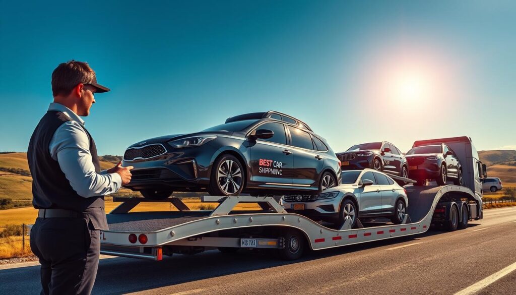 A vibrant scene depicting car shipping logistics in Richmond, Kentucky, showcasing multiple cars loaded on a sleek, modern car carrier. In the foreground, a professional driver in business attire inspects the vehicles on the transporter, ensuring everything is secure. The middle ground features a diverse array of cars, including sedans and SUVs, prominently displaying the logo of "Best Car Shipping Inc." The background captures the essence of Richmond, with rolling hills and a clear blue sky. The sunlight casts a warm, inviting glow over the scene, highlighting the professionalism and care in auto transport. The composition is dynamic and eye-catching, using a slightly high angle to emphasize the scale of the operation while maintaining a safe and clean environment free of clutter.