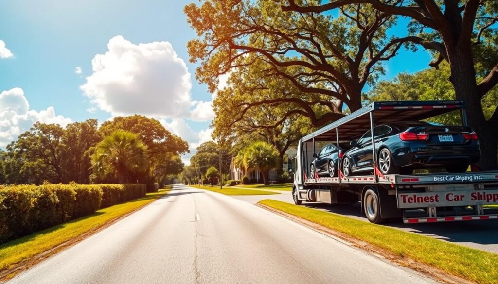 A vibrant scene depicting car transport in Paradis, Louisiana. In the foreground, a professionally maintained car transport truck showcasing the brand name "Best Car Shipping Inc" with cars securely strapped on the flatbed. In the middle ground, a narrow, tree-lined road that reflects the charm of Louisiana, with lush green foliage and southern-style homes peeking through. The background features a clear blue sky with soft, fluffy clouds, creating a warm, inviting atmosphere. The lighting is bright and natural, reminiscent of a sunny day, enhancing the colors of the scenery. Capture the essence of efficient and professional auto transport service in this serene environment, ensuring no people are present in the scene.