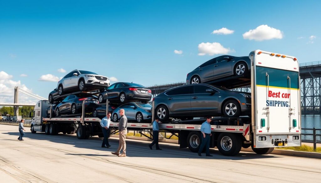 A vibrant scene depicting car transport logistics in Vidalia, Louisiana. In the foreground, a sleek transport truck with "Best Car Shipping Inc" visibly labeled on the side, loaded with several diverse vehicles, including sedans and SUVs. The middle ground showcases a bustling auto transport yard, featuring workers in professional attire coordinating the loading process with visible care and attention to detail. In the background, the Mississippi River and iconic structures of Vidalia, such as a bridge or local landmark, set the scene. The lighting is bright and sunny, casting soft shadows on the ground, and the perspective is a slightly low angle to emphasize the truck's impressive size. The atmosphere conveys trust and professionalism, highlighting the dedication to quality service in vehicle transport.