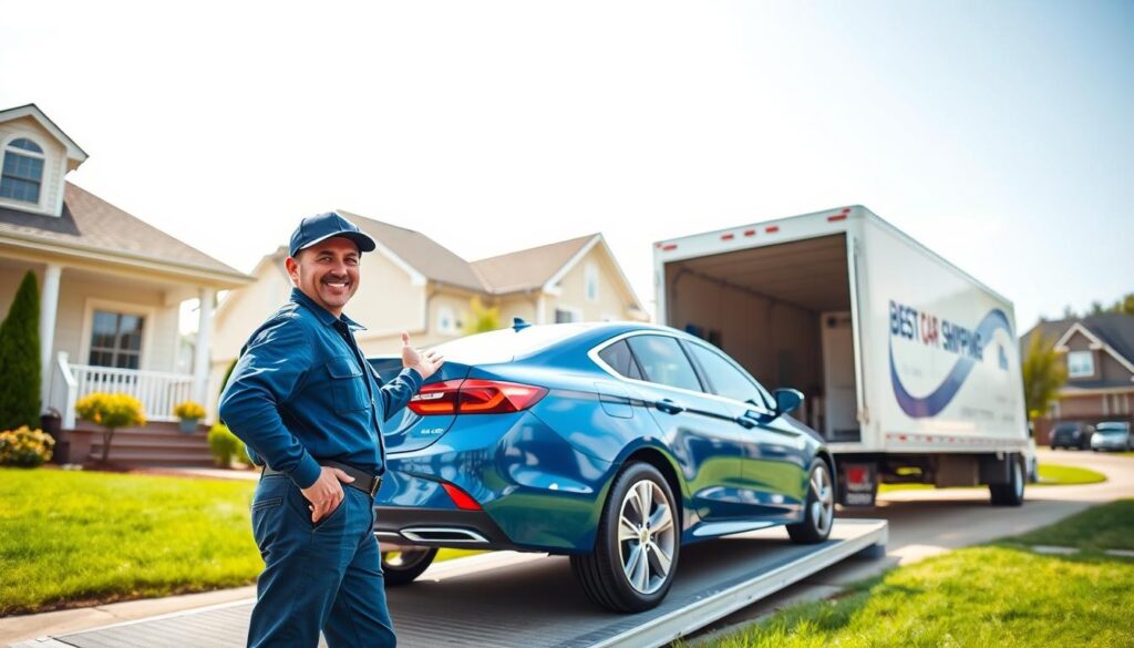 A vibrant scene depicting door-to-door auto shipping, showcasing a shiny blue car being loaded onto a transport truck in a suburban neighborhood in Union, Kentucky. In the foreground, a friendly professional driver in a blue uniform stands next to the truck, gesturing towards the car with a welcoming smile. The middle layer features the transport truck, branded with "Best Car Shipping Inc," its ramp positioned for loading. The background consists of charming homes with manicured lawns and a clear blue sky highlighting a sunny day. Soft, natural lighting enhances the scene, creating an inviting atmosphere filled with trust and reliability, ideal for car shipping services. The angle captures the interaction between the driver and the customer, emphasizing a customer-centric experience. A vibrant scene depicting door-to-door auto shipping, showcasing a shiny blue car being loaded onto a transport truck in a suburban neighborhood in Union, Kentucky. In the foreground, a friendly professional driver in a blue uniform stands next to the truck, gesturing towards the car with a welcoming smile. The middle layer features the transport truck, branded with "Best Car Shipping Inc," its ramp positioned for loading. The background consists of charming homes with manicured lawns and a clear blue sky highlighting a sunny day. Soft, natural lighting enhances the scene, creating an inviting atmosphere filled with trust and reliability, ideal for car shipping services. The angle captures the interaction between the driver and the customer, emphasizing a customer-centric experience.