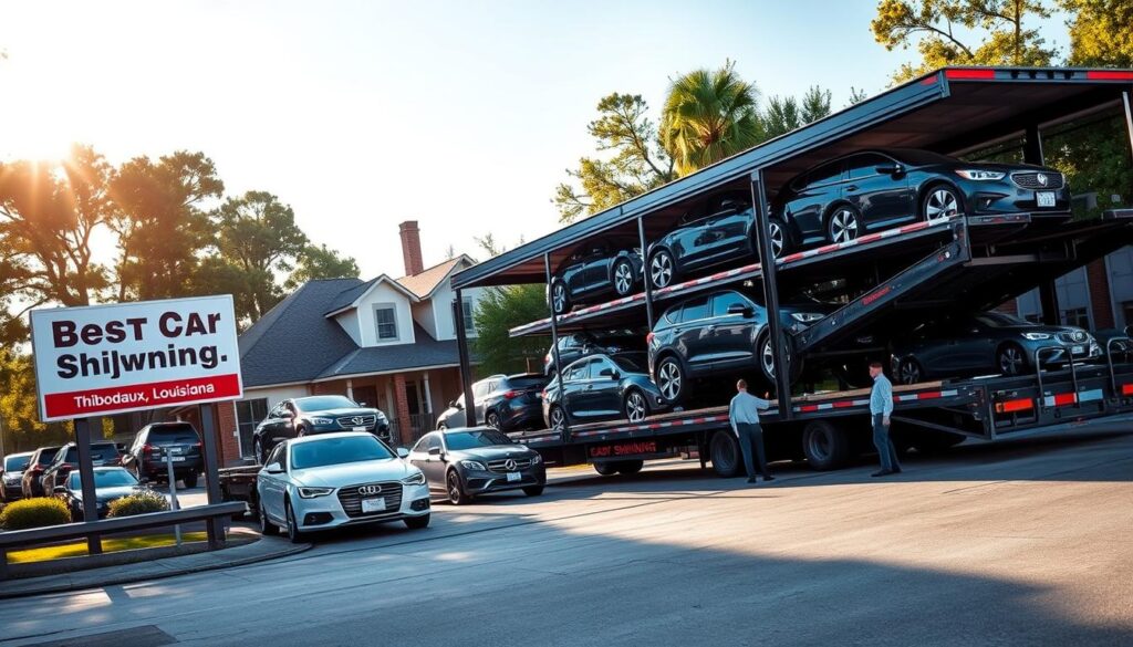 A vibrant scene depicting reliable car shipping and auto transport in Thibodaux, Louisiana. In the foreground, a modern transport truck loaded with shiny vehicles, showcasing various car models, including sedans and SUVs, parked in front of a business sign displaying "Best Car Shipping Inc." The middle ground features a bustling logistics yard with staff dressed in professional attire, coordinating the loading process, ensuring efficiency and safety. In the background, typical Louisiana architecture and lush greenery reflect the local environment, with sunlight filtering through the trees, creating a warm, inviting atmosphere. The overall mood is one of professionalism and reliability, captured in crisp, bright lighting. A wide-angle view highlights the action and logistics at play, emphasizing the region’s dedication to quality car shipping services. A vibrant scene depicting reliable car shipping and auto transport in Thibodaux, Louisiana. In the foreground, a modern transport truck loaded with shiny vehicles, showcasing various car models, including sedans and SUVs, parked in front of a business sign displaying "Best Car Shipping Inc." The middle ground features a bustling logistics yard with staff dressed in professional attire, coordinating the loading process, ensuring efficiency and safety. In the background, typical Louisiana architecture and lush greenery reflect the local environment, with sunlight filtering through the trees, creating a warm, inviting atmosphere. The overall mood is one of professionalism and reliability, captured in crisp, bright lighting. A wide-angle view highlights the action and logistics at play, emphasizing the region’s dedication to quality car shipping services.