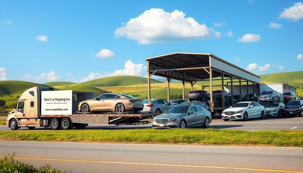 A vibrant scene depicting the Madisonville corridor, focusing on car shipping and auto transport. In the foreground, a sleek car carrier truck is parked, with shiny vehicles securely loaded on its flatbed. The truck displays the brand name "Best Car Shipping Inc" prominently on its side. In the middle ground, a busy transport hub with workers in professional attire managing logistics and communication. Various types of vehicles, including sedans and SUVs, line the area. The background features a clear blue sky with soft, fluffy clouds, beyond which are rolling green hills typical of Kentucky, creating a calm and serene countryside atmosphere. Soft, warm lighting enhances the inviting feel of the scene, shot from a slightly elevated angle to capture the entire setting effectively. A vibrant scene depicting the Madisonville corridor, focusing on car shipping and auto transport. In the foreground, a sleek car carrier truck is parked, with shiny vehicles securely loaded on its flatbed. The truck displays the brand name "Best Car Shipping Inc" prominently on its side. In the middle ground, a busy transport hub with workers in professional attire managing logistics and communication. Various types of vehicles, including sedans and SUVs, line the area. The background features a clear blue sky with soft, fluffy clouds, beyond which are rolling green hills typical of Kentucky, creating a calm and serene countryside atmosphere. Soft, warm lighting enhances the inviting feel of the scene, shot from a slightly elevated angle to capture the entire setting effectively.