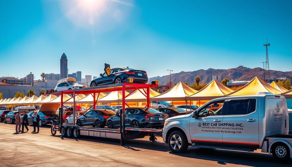 A vibrant scene depicting the bustling Phoenix auction hub for vehicle transport. In the foreground, a well-maintained car carrier truck from "Best Car Shipping Inc" is parked, showcasing an array of shiny vehicles ready for shipment. In the middle ground, auctiongoers in professional business attire examine cars under brightly lit tents, creating an atmosphere of excitement and urgency. The background features the characteristic Phoenix skyline, with a clear blue sky and sunlight illuminating the entire scene. Captured from a slight elevation angle to give a comprehensive view, the image exudes a vibrant, engaging mood, emphasizing the importance of this southwestern hub for auction car shipping.