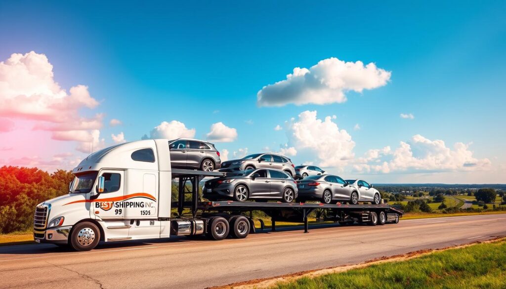 A vibrant scene depicting the local auto transport service in Coushatta, Louisiana. In the foreground, a modern car carrier truck with the brand name "Best Car Shipping Inc" prominently displayed, expertly loaded with a variety of vehicles including sedans and SUVs. The middle ground features a scenic view of Coushatta's lush greenery and picturesque roads, suggesting a reliable transport route. In the background, the sky is bright blue with a few fluffy clouds, conveying a sunny and optimistic atmosphere. The lighting is warm and inviting, enhancing the sense of professionalism and trust in the auto transport service. Capture this scene from a slightly elevated angle, showcasing the truck's efficiency in a dynamic yet serene setting, perfect for illustrating local auto transport reliability.