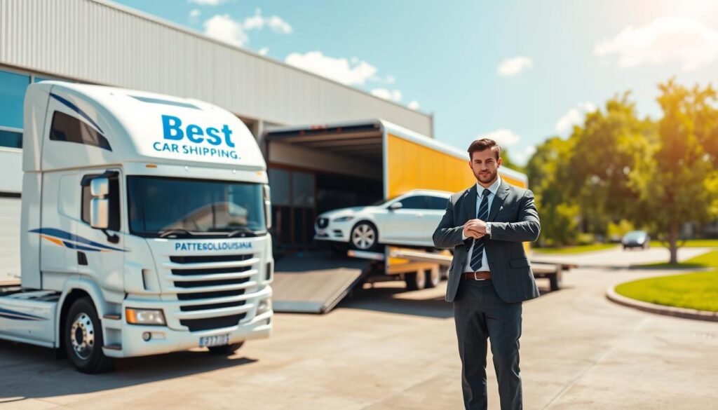 A vibrant scene depicting the trusted auto transport services provided by Best Car Shipping Inc. In the foreground, a clean, professionally designed truck with the company logo prominently displayed, parked in front of a modern warehouse. The middle ground features a driver in a professional business attire, confidently inspecting a vehicle being loaded onto the truck, showcasing attention to detail. In the background, a sunny, clear day in Patterson, Louisiana, with lush greenery and a blue sky, representing a safe and welcoming environment for drivers. Use natural lighting to create a warm and inviting atmosphere, with a slight tilt-angle to emphasize the action of loading the car. The overall mood should convey reliability, professionalism, and trustworthiness in auto transport services.