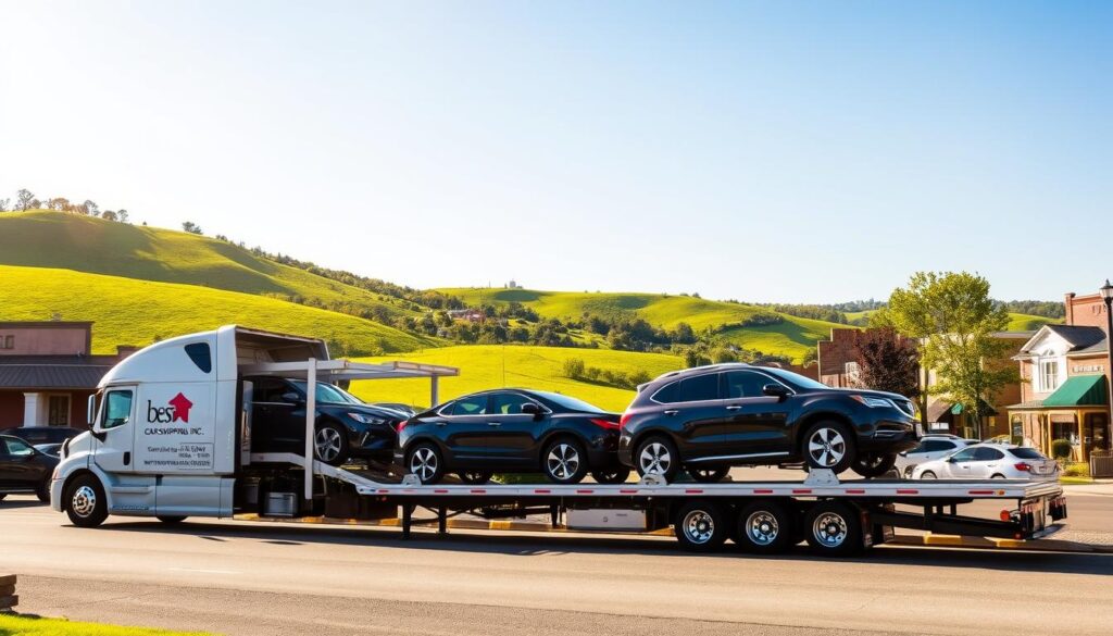 A vibrant scene depicting vehicle transport in Russell Springs, Kentucky, showcases a professional auto transport truck from "Best Car Shipping Inc" parked in a scenic area. In the foreground, a modern car carrier truck is loaded with a variety of vehicles, including a sleek sedan and a rugged SUV. The middle ground features lush green landscapes typical of Kentucky, with rolling hills under a clear blue sky. In the background, a charming small-town street with quaint shops and trees provides context. The lighting is warm and inviting, suggesting late afternoon, creating a friendly and trustworthy atmosphere. The image is captured from a slight angle, emphasizing the transport truck’s functionality and the peaceful surroundings of Russell Springs.