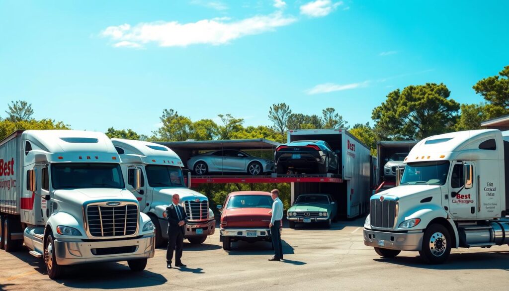 A vibrant scene depicting vehicle transportation in Eunice, Louisiana, showcasing a fleet of trucks from "Best Car Shipping Inc" loading and unloading cars at a transport facility. In the foreground, well-maintained transport trucks are parked neatly, with professionals in business attire overseeing the operations. The middle ground features a variety of vehicles—sedans, SUVs, and vintage cars—securely loaded onto the trucks. In the background, lush greenery represents the local environment, and a clear blue sky overhead suggests a sunny day, enhancing the mood of trust and safety. Utilize soft, natural lighting to give the image an inviting feel, captured with a wide-angle lens to emphasize the scale and efficiency of the operation. The overall atmosphere conveys reliability and professionalism in vehicle transport.