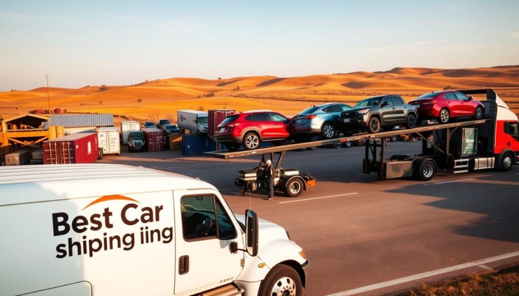 A vibrant scene illustrating reliable car shipping and auto transport in Jonesboro, Louisiana. In the foreground, a sleek transport truck emblazoned with the logo "Best Car Shipping Inc" is parked, showcasing an array of colorful vehicles securely loaded on its trailer. The middle ground features a bustling transport yard with shipping containers and employees in professional attire overseeing the operations, emphasizing safety and professionalism. In the background, rustic Louisiana landscapes with gentle rolling hills and a clear blue sky create a serene atmosphere. Soft, natural lighting casts warm highlights and shadows, reflecting a tranquil afternoon. The angle captures a dynamic perspective, focusing on both the truck and the landscape, evoking a sense of reliability and efficiency in auto transport.